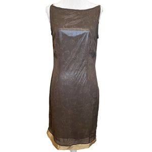 Vintage Carole Little Brown Metallic Floral Y2K Shift Dress Size 6
